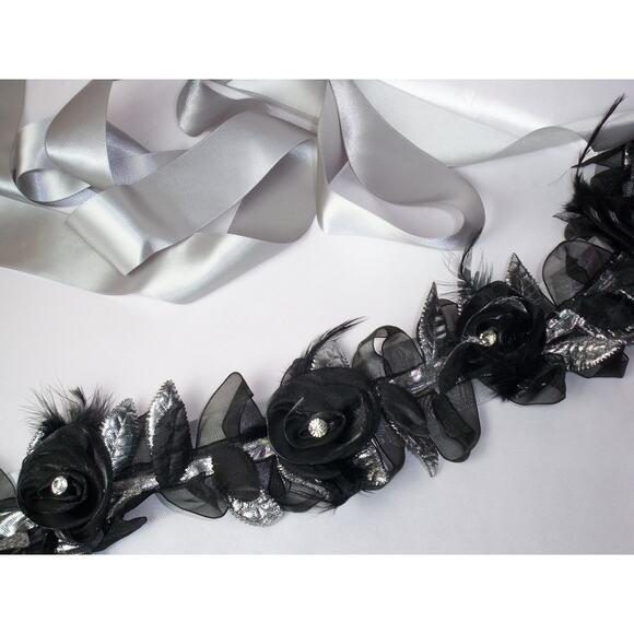 Black Bridal Wedding Belt Sash Rhinestone Feather Belt, Silver Black sash main image 3